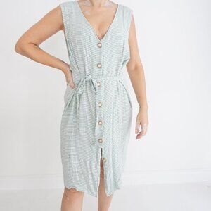 Vintage 90's Sage Button Up Gingham Checker Belted Midi Dress Size 18W